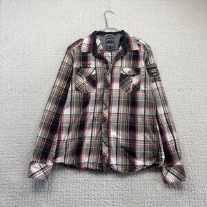 TXT Button up Dress Shirt Plaid Red Grunge Military Patch Western Men Sz L